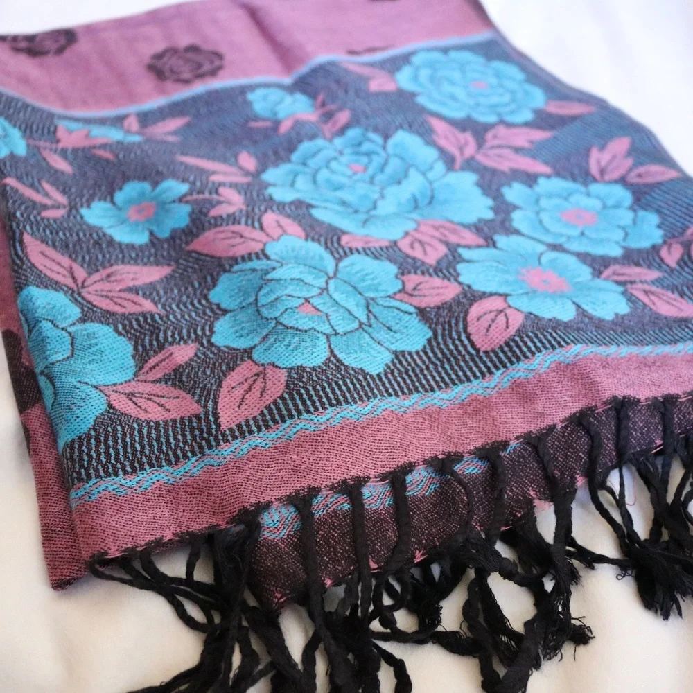 Teal and Mauve Rose Floral Fringe Scarf